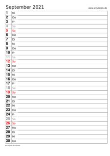Kalender 2021 zum ausdrucken kostenlos ein 3monatskalender 2019 enthält zum beispiel die wochentage für 2019. Monatskalender September 2021 - Monats-Terminkalender ...