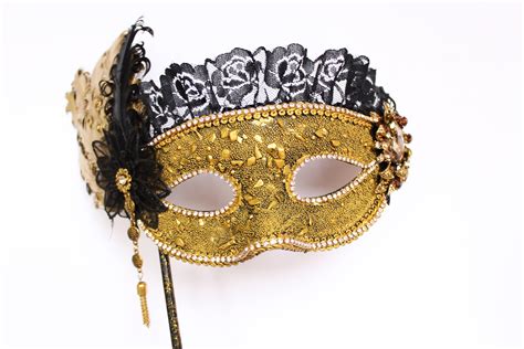 Gold Black Masquerade Mask Bridal Feather Stick Mask Mardi Gras Masked