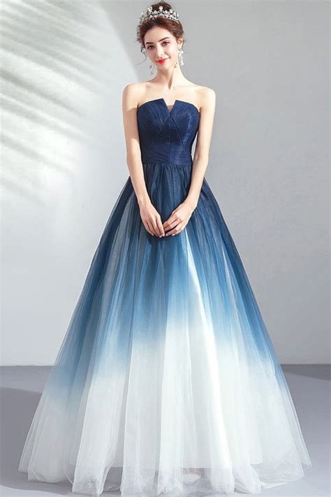 Dreamy Ombre Blue Ballgown Tulle Prom Dress Formal Strapless Wholesale