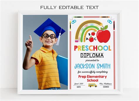 Any Grade Editable Preschool Diploma With Photo Rainbow Etsy