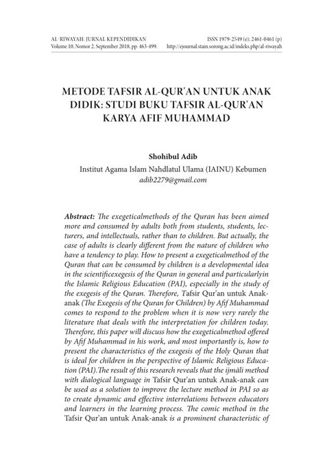 (PDF) Metode Tafsir Al-Qur'an untuk Anak Didik: Studi Buku Tafsir Al