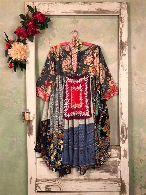 Lxl Dark Floral Print Mix Tunic Dress Shabby Chic Dress Boho Etsy