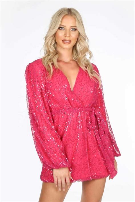 Long Sleeve Sequin Wrap Front Mini Dress In Pink
