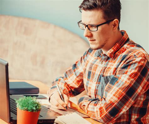 Man Working With Graphics Tablet Stock Photo Image Of Plaid Tablet