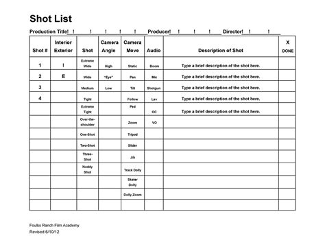 50 Handy Shot List Templates Film And Photography Templatelab