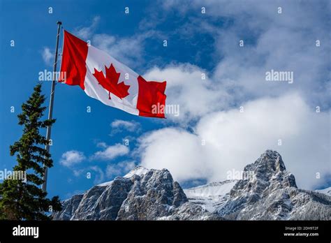 Rocky Mountains Banff National Park Canada Flag Hi Res Stock
