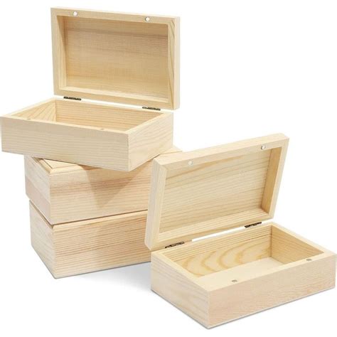 4 Pack Unfinished Natural Wooden Boxes With Hinged Lids For Storing