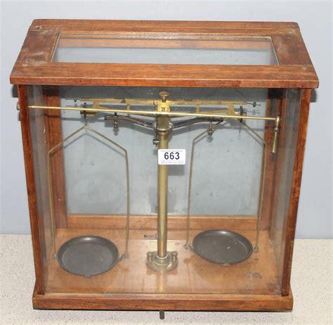 Vintage Set Of Laboratory Balance Weighing Scales In Glazed Wooden Case By Wandj George And Becker Ltd