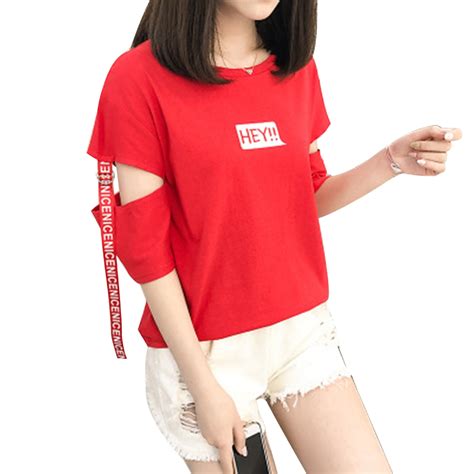 Japanese Style Women T Shirt Harajuku Hey Letter Print Tops Hole Ribbon Half Sleeve T Shirt