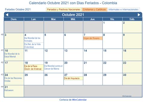 Calendario Octubre 2021 Para Imprimir Colombia