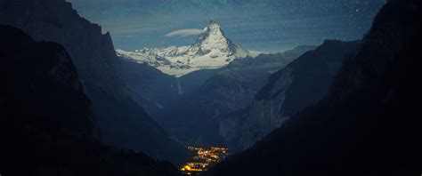 3440x1440 Resolution Zermatt Matterhorn Aerial View At Night 3440x1440