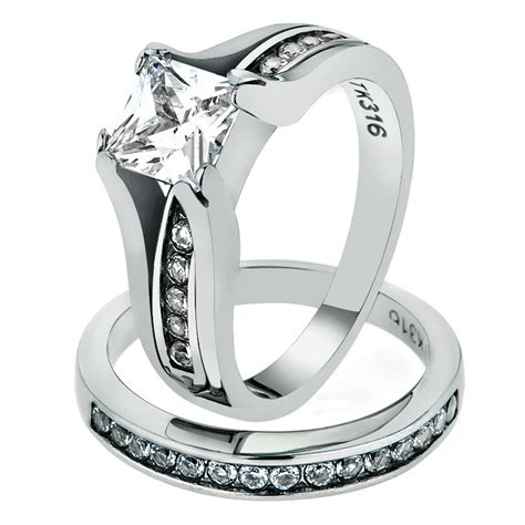 Artk0w383 Stainless Steel 210 Ct Princess Cut Cz Wedding Ring Set