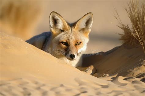 Desert Fox Hiding In Sand Dune Surveying Its Territory Stock Image