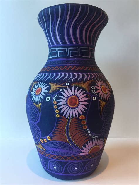 Purple Vase Hand Painted Bird Print Mexican Folk Art Vase Etsy Purple Vase Hand Painted