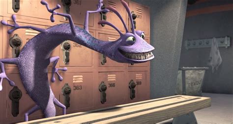 An Animated Purple Creature Sitting On Top Of A Wooden Bench In Front