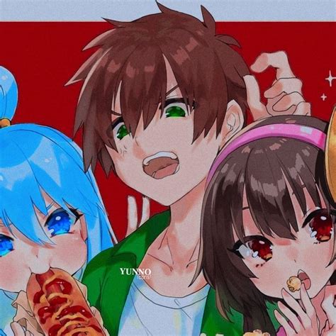 Three Anime Characters Are Eating Hotdogs In Front Of A Red Background
