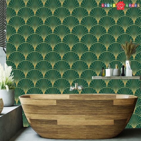 Geometric Art Deco Green Gold Wallpaper Monochrome Embossed Etsy
