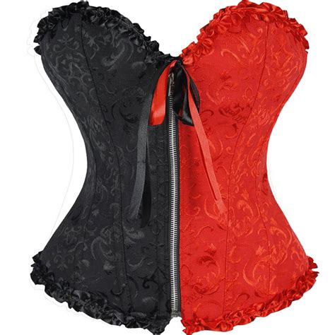 Sayfut Women S Zipper Up Jacquard Overbust Corset Intimates With Half Red And Black