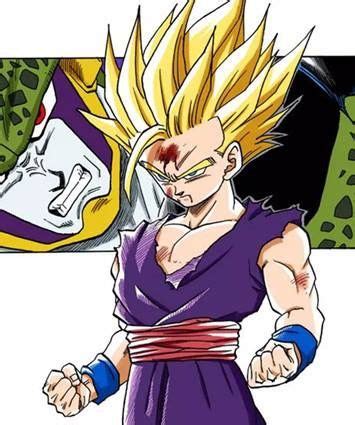 The cover shows gohan glaring menacingly (presumably at cell) in his newly acquired super saiyan 2 form. Gohan vs Cell manga color | Dragon ball, Desenhos ...