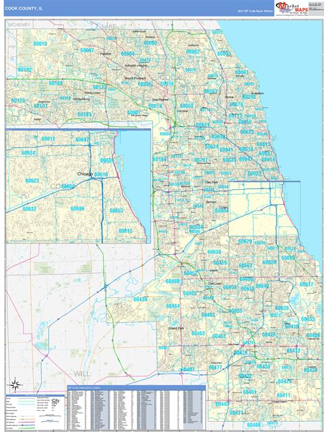 Cook County Il Zip Code Wall Map Basic Style By Marketmaps Mapsales