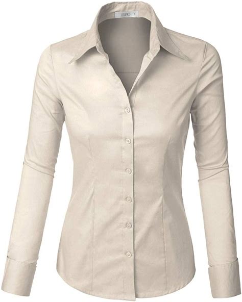 Le No Womens Tailored Long Sleeve Button Down Shirt With Stretch Ivory