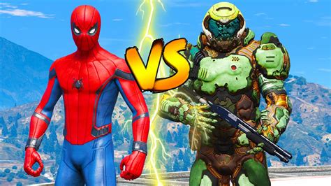 Gta 5 Doom Slayer Attacking City Spiderman Vs Doomguy Epic Battle