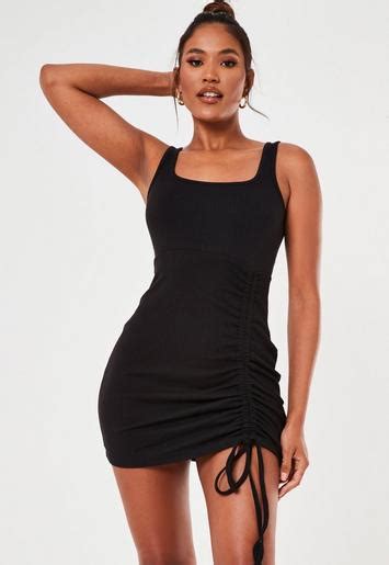 Black Rib Ruched Front Mini Dress Missguided