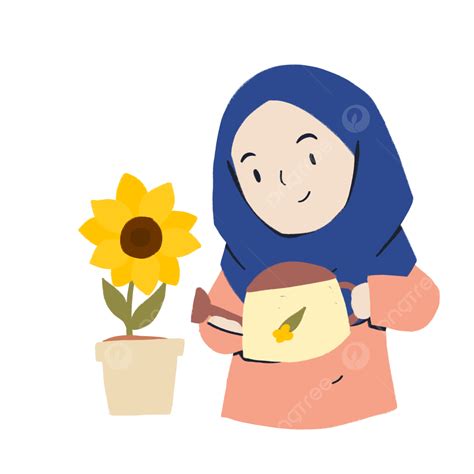 Gambar Wanita Hijab Lucu Menyiram Bunga Matahari Jilbab Bunga