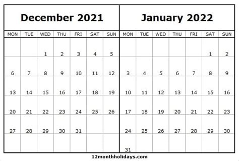 Calendar December 2021 January 2022 Free January 2022 Calendar Free