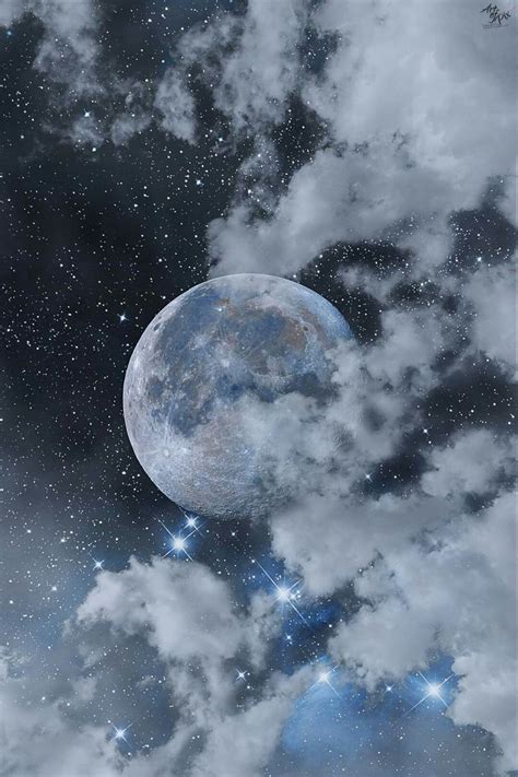 An Image Of The Moon In The Sky With Clouds And Stars Around It As If