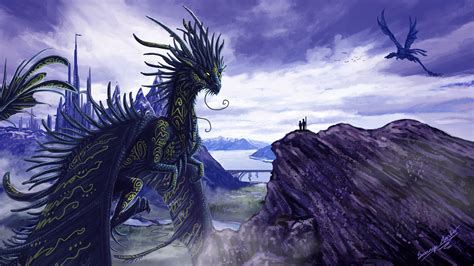 Fantasy Big Dark Blue Dragon Is Standing In Front Of People 4k 8k Hd
