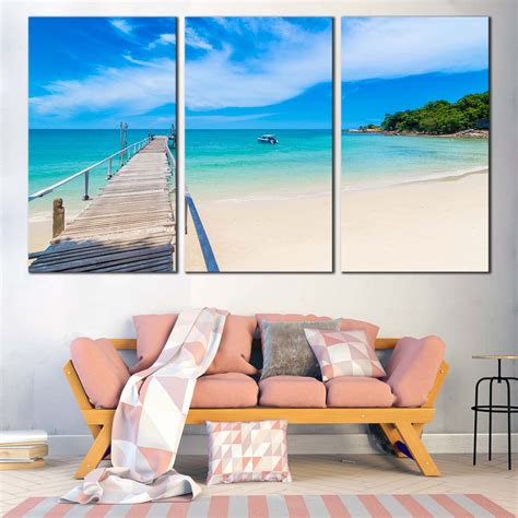 Thailand Ocean Canvas Wall Art Beautiful Beach Green Mountain 3 Piece