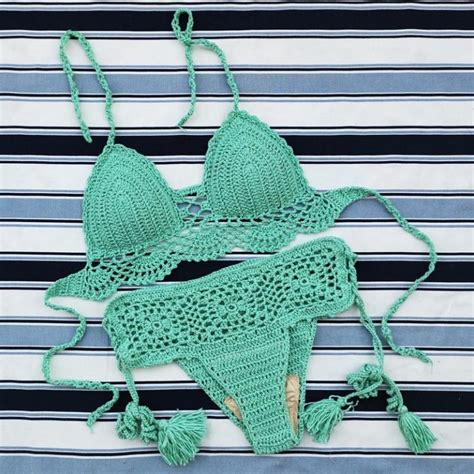 Handmade Crochet Push Up Bikini Set Sexy Women Swimwear Crop Top Beach