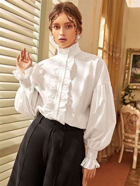 mock neck lantern sleeve ruffle trim blouse shein usa fashion clothes women high fashion