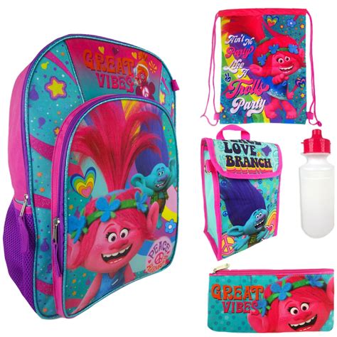 Trolls Backpack And Lunch Box 5 Piece Set With Water Bottle School Bag