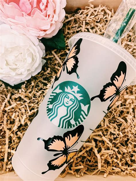 Peach Butterfly Starbucks Reusable Cold Cup Tumbler | Starbucks cup art