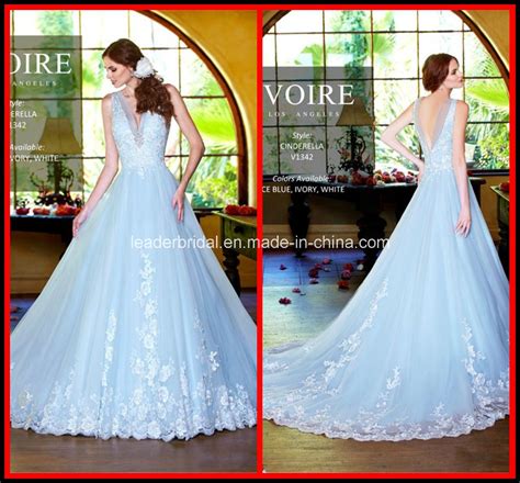 China Light Sky Blue Ball Gown Appliques Tulle Bridal Wedding Dress