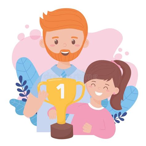 Father With Daughter On Fathers Day With Trophy Vector Design Stock