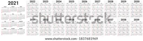 Calendar Grids 2021 2039 Vector Templates Stock Vector Royalty Free