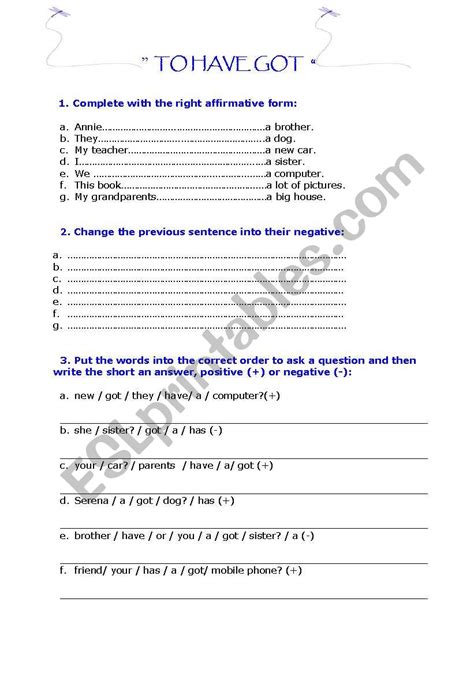 English Worksheets To Have Got Affirmative Negative And Interrogative
