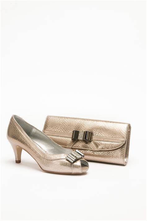 Low Heel Champagne Peep Toe Shoe With Diamonte Bow Detail And Matching