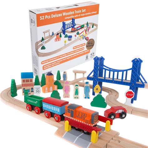 Orbrium Toys 52 Pcs Deluxe Wooden Train Set With 3 Destinations Fits