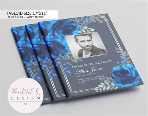 8 Page Blue Flowers Funeral Program Template In Tabloid Size 11x17