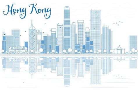 Outline Hong Kong Skyline With Blue Buildings 8371406 Vector Art At