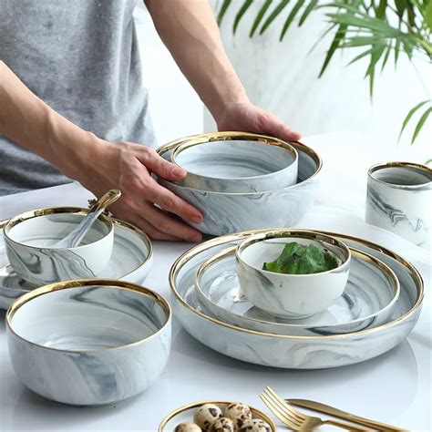 Luxury Marble Ceramic Bowl Plate Spoon Electroplated Gold Plated Rice