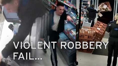 watch as knife wielding thug terrorises supermarket but is caught by police after falling over