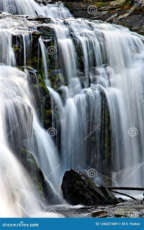 Mountain Waterfall Dropping Over Smooth Moss Rocks Stock Image Image