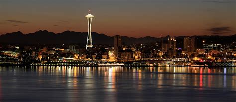 Seattle Skyline At Night By The Pier Panorama Photograph By David Gn