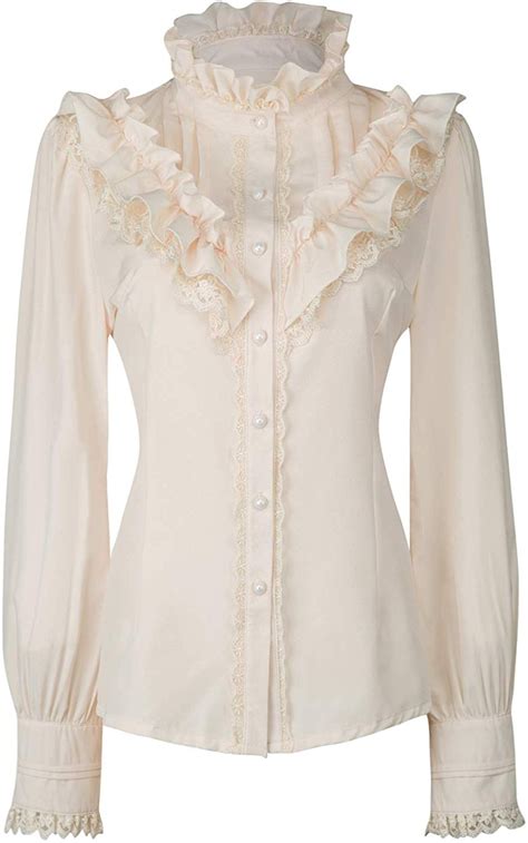 Choies Womens Vintage White With Black Lace Stand Up Collar Puff Long Sleeve Shirt Donna