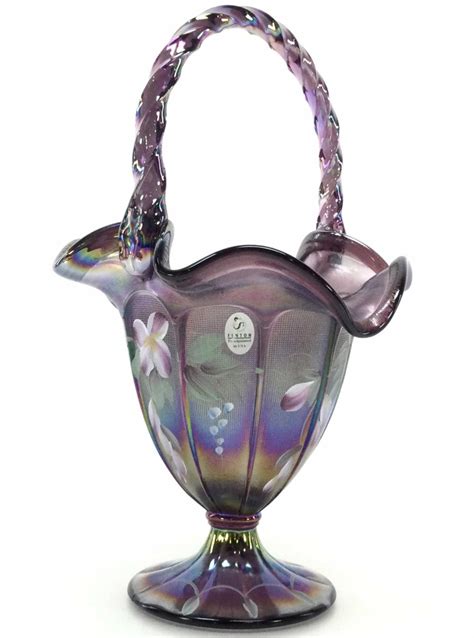 Lot Bill Fenton Signed Iridescent Art Glass Basket